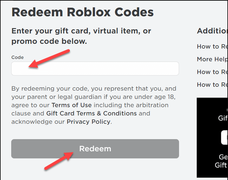 Redeem Roblox Codes page gift card
